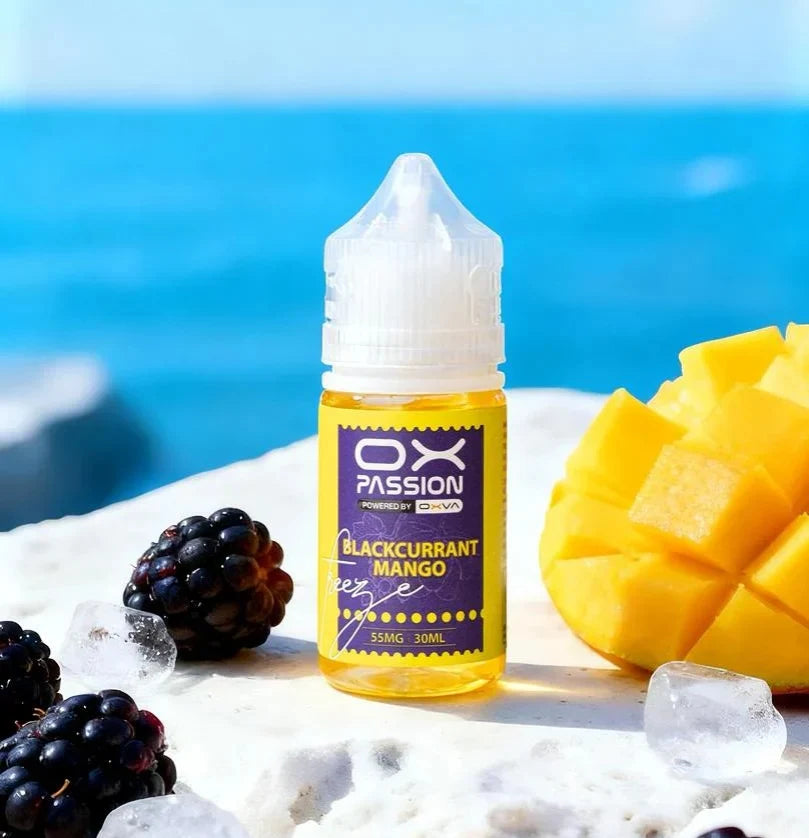 Ox Passion Blackcurrant Mango 30ml Nic Salt bottle, front view with flavour label
