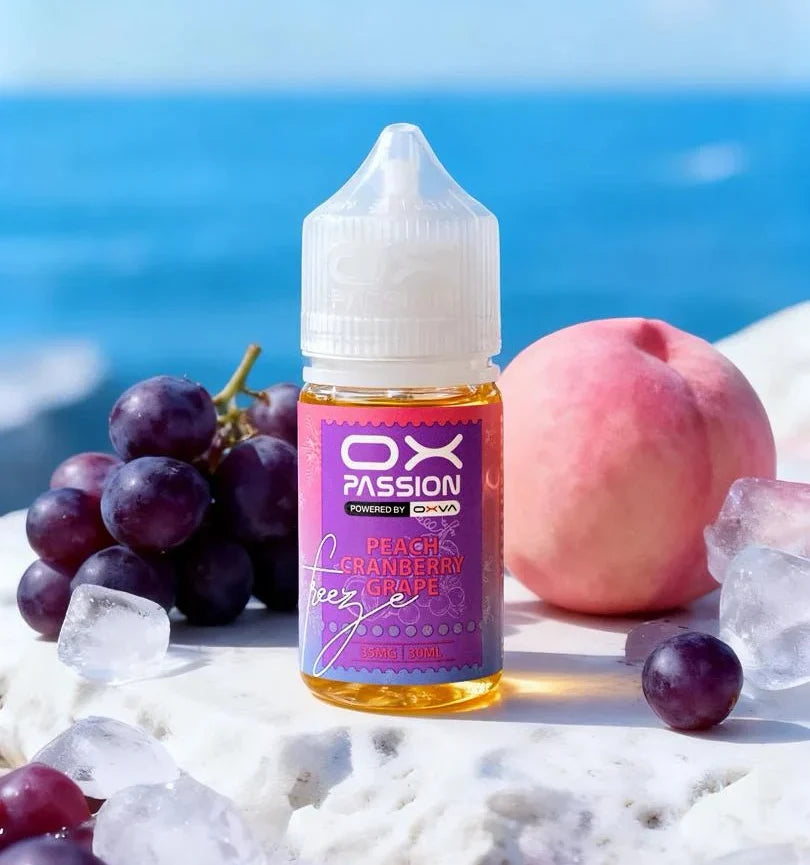 Ox Passion Peach Cranberry Grape 30ml Nic Salt bottle, front of pack