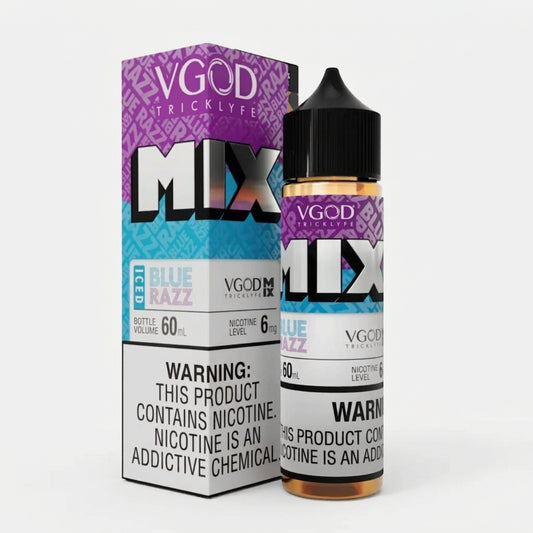 VGOD Mix Iced Blue Razz 60ml bottle and carton, angled view