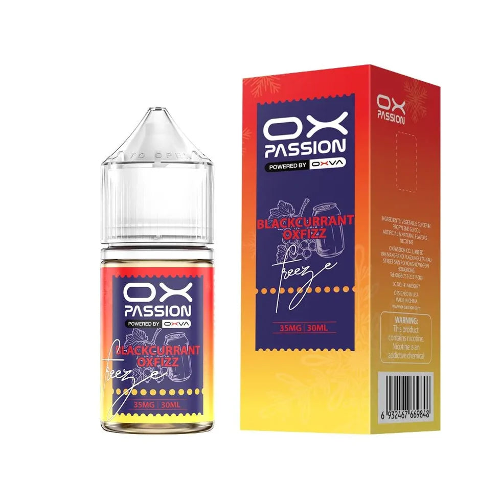 Ox Passion Blackcurrant OxFixx 30ml Nic Salt bottle, shown on a white background