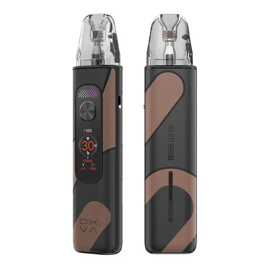 OXVA XLIM Pro 4 pod kit in Cocoa Black Leather, zinc alloy body with a leather finish