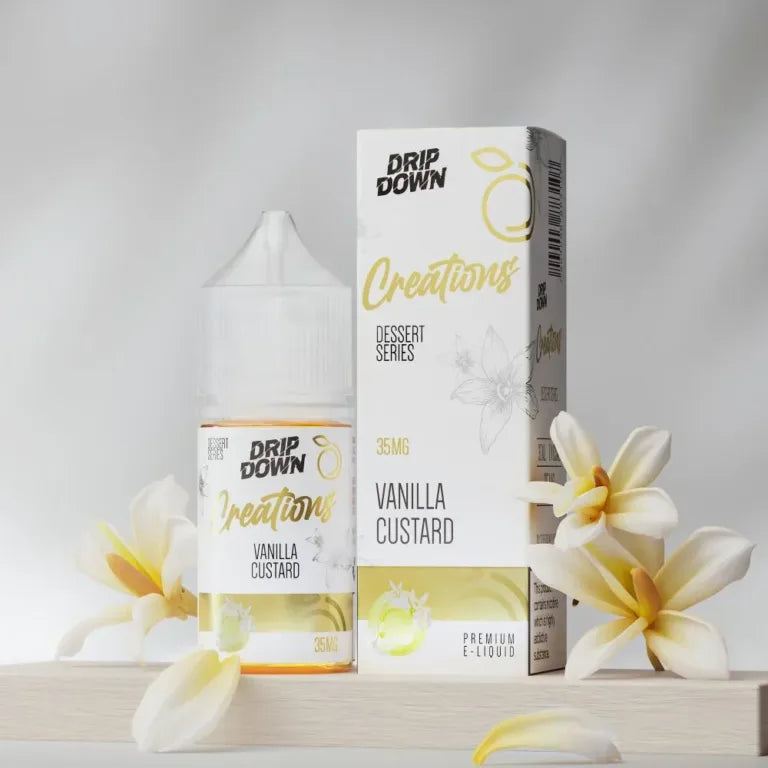 Drip Down Creations Vanilla Custard nic salt 30ml bottle, 35mg, front label