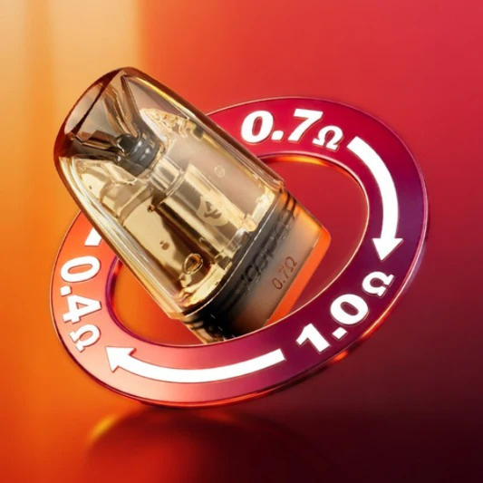 VOOPOO Argus Multi-Ohm cartridge showing 0.4, 0.7 and 1.0 ohm options