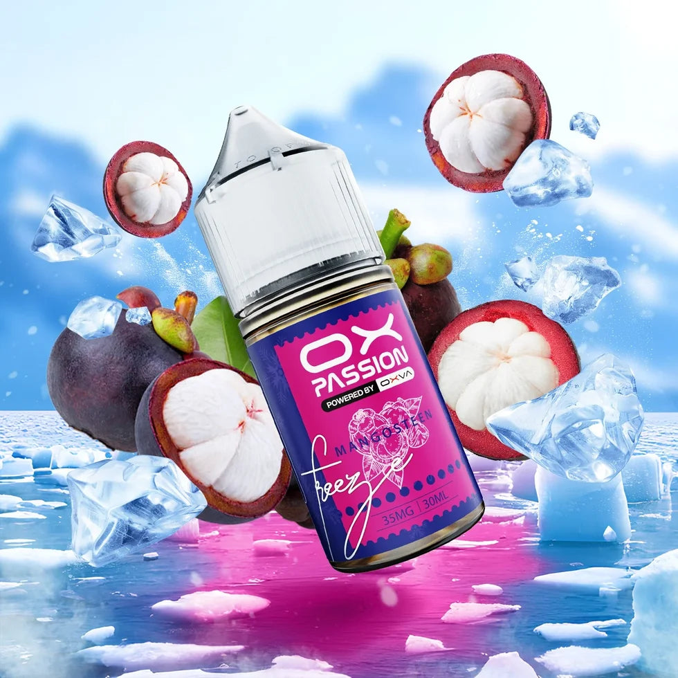 Ox Passion Mangosteen 30ml Nic Salt bottle photographed from the front