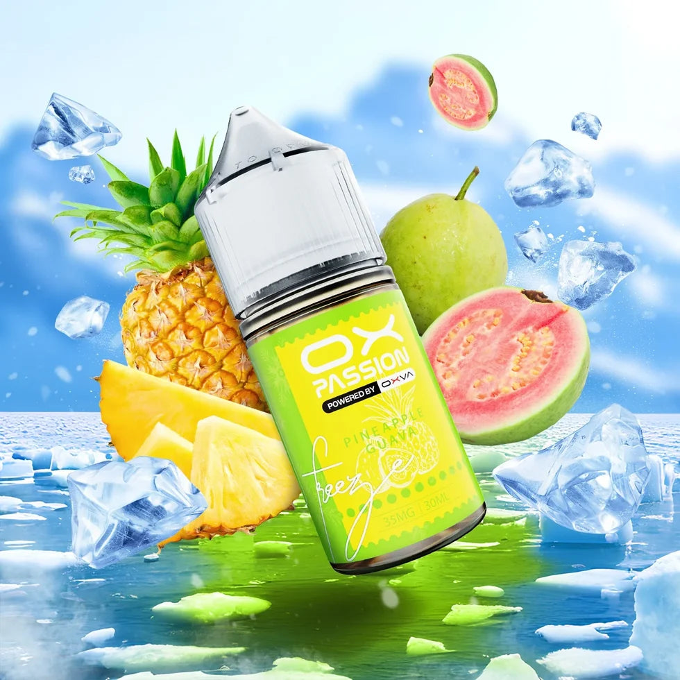 Ox Passion Pineapple Guava 30ml Nic Salt bottle, front of the label