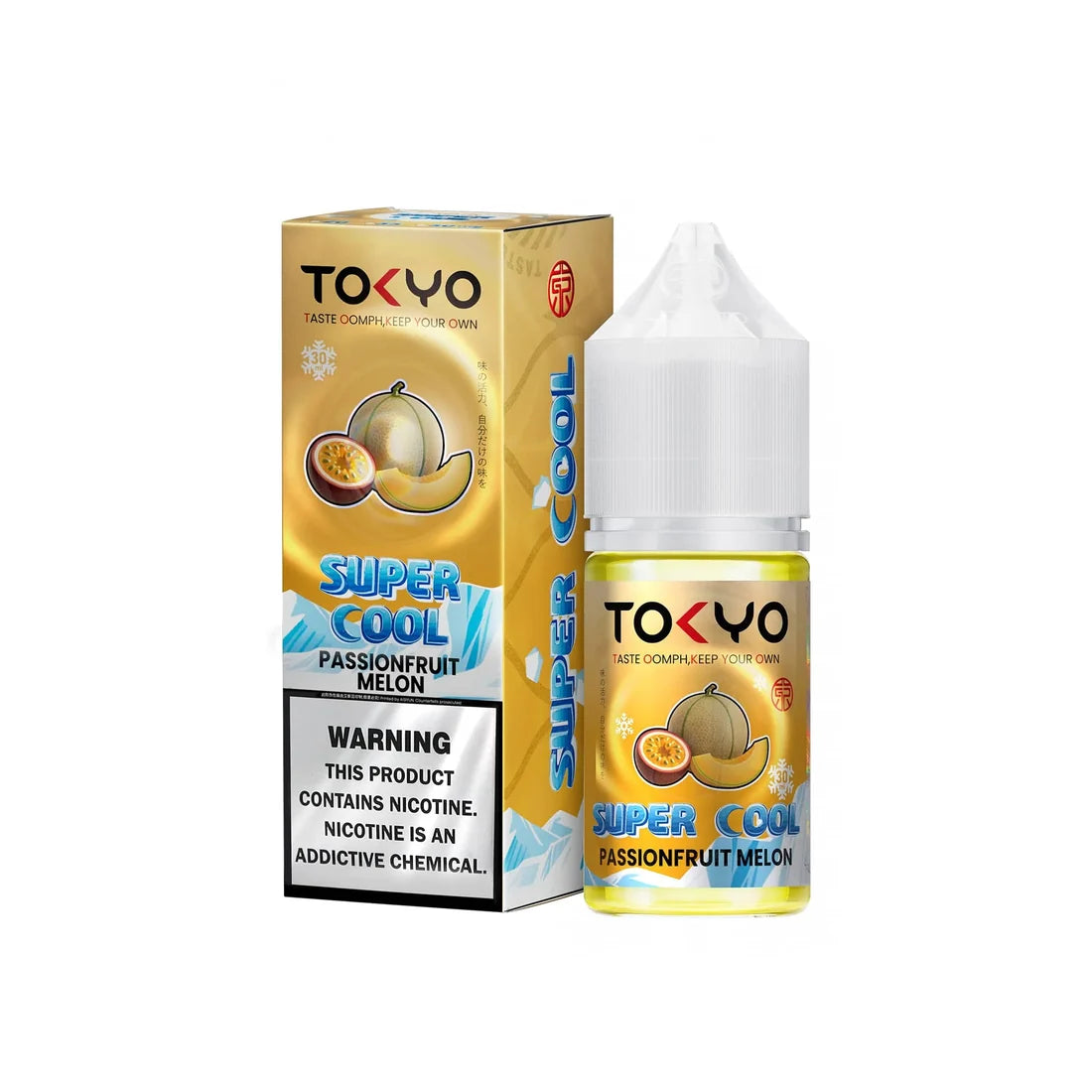 Tokyo Super Cool Passion Fruit Melon 30ml nic salt bottle, front label