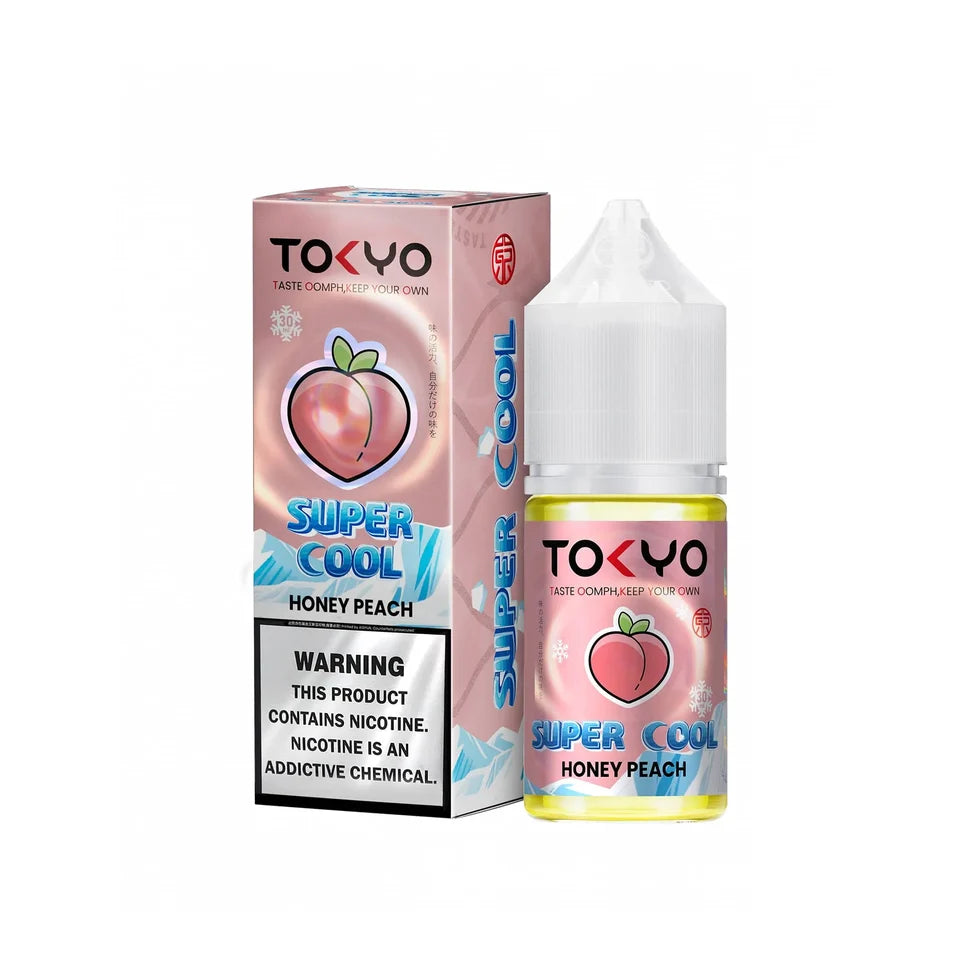 Tokyo Super Cool Honey Peach 30ml nic salt bottle, front label