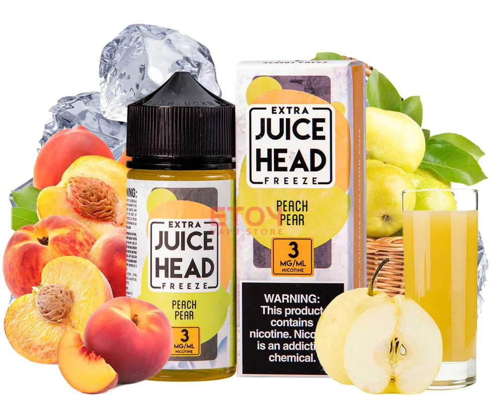 Juice Head Peach Pear Extra Freeze 100ml freebase e-liquid bottle, front label