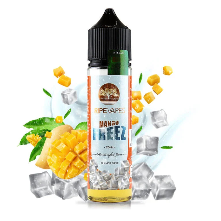 Ripe Vapes Mango Freeze 60ml freebase e-liquid bottle, mango and menthol