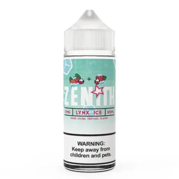 Zenith Lynx On Ice 120ml freebase lychee e-liquid bottle, front label