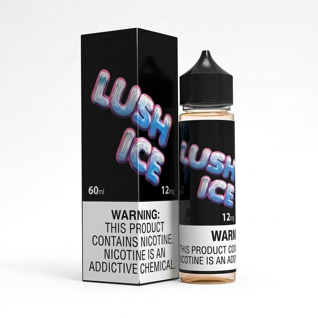 VGOD Lush Ice 60ml back label with nicotine strength and warning