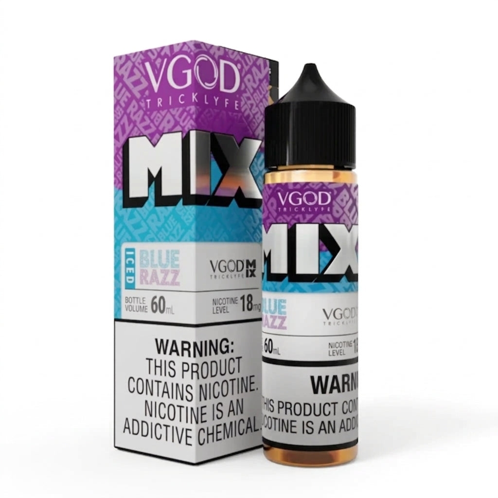 VGOD Mix Iced Blue Razz 60ml nicotine strength and batch details on the back label