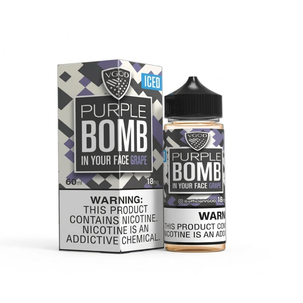 VGOD Iced Purple Bomb 60ml bottle angled to show the chubby unicorn shape