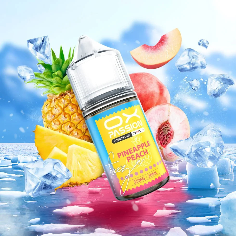 Ox Passion Freeze Pineapple Peach 30ml Nic Salt bottle, front view with flavour label
