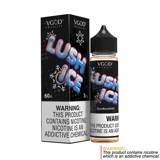 VGOD Lush Ice 60ml bottle with its carton, angled view
