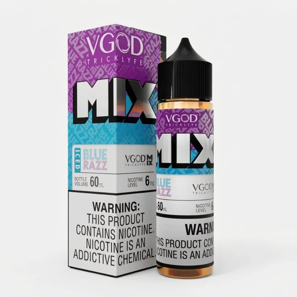 VGOD Mix Iced Blue Razz 60ml bottle and carton, angled view