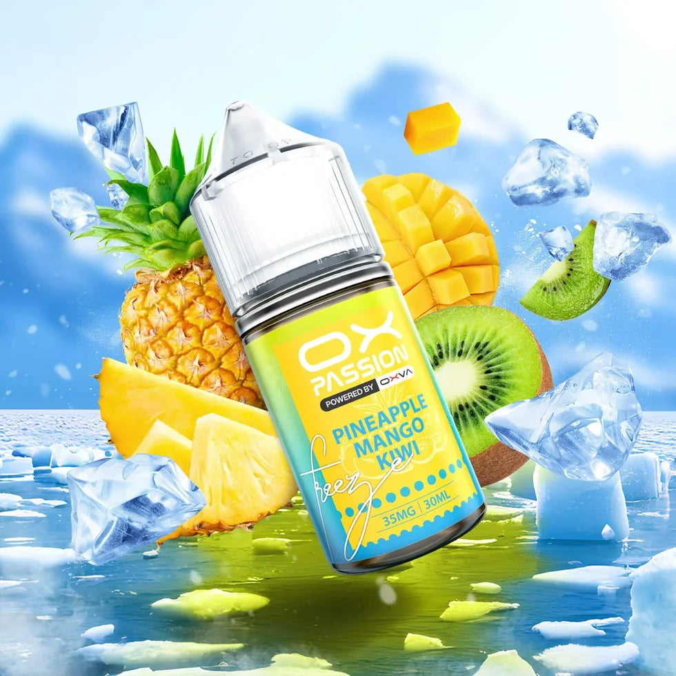 Ox Passion Pineapple Mango Kiwi 30ml Nic Salt bottle, front facing shot of the label