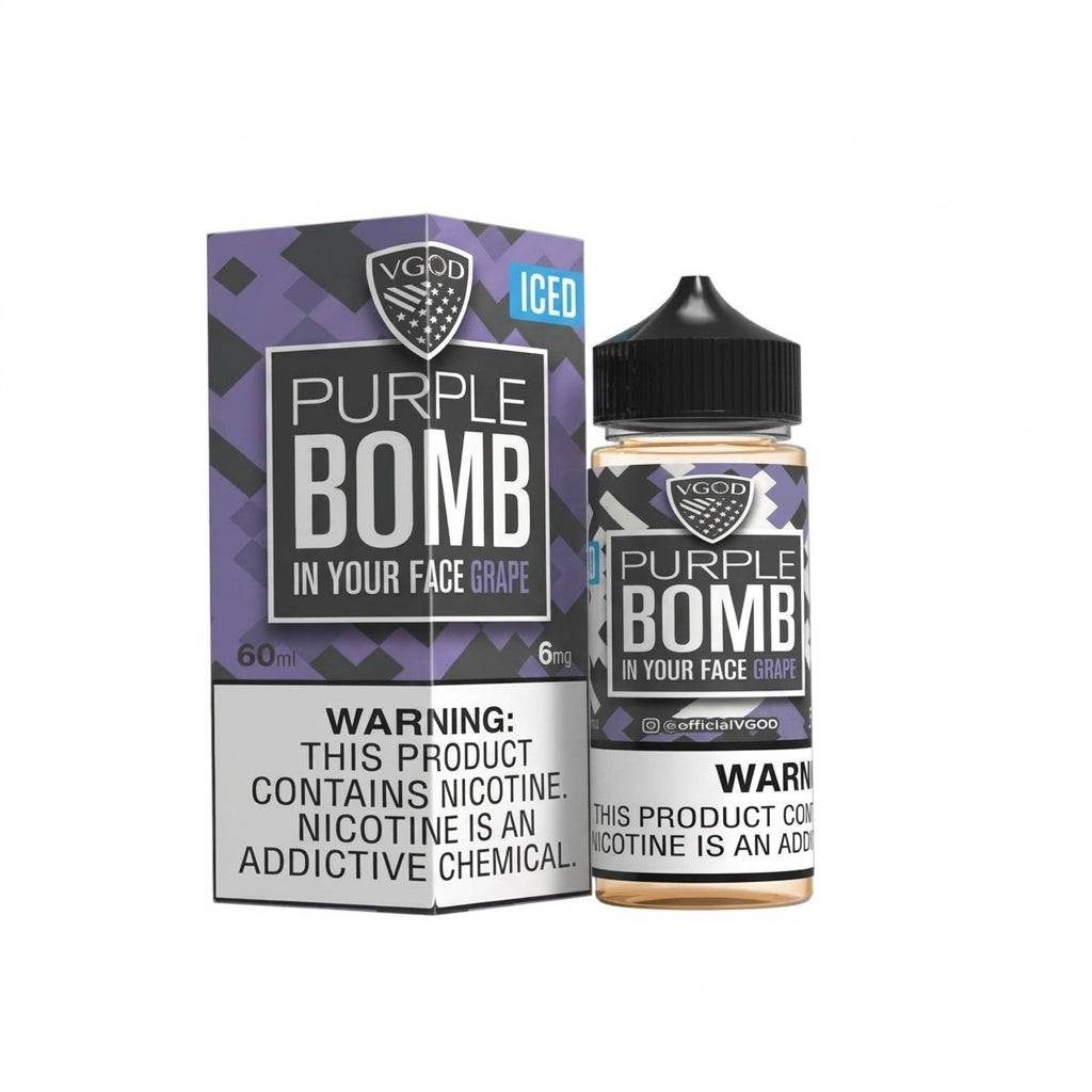 VGOD Iced Purple Bomb 60ml grape artwork on the bottle label