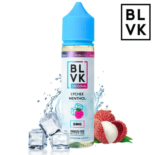 BLVK Lychee Menthol 60ml freebase e-liquid bottle, lychee and menthol flavour label