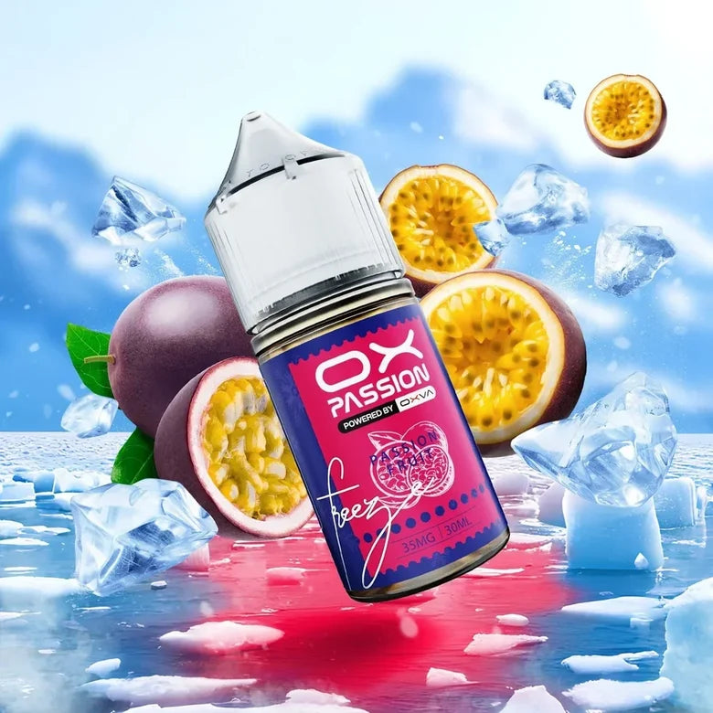 Ox Passion Passionfruit 30ml Nic Salt bottle standing upright, flavour label shown