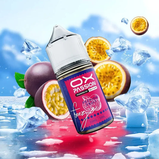 Ox Passion Passionfruit 30ml Nic Salt bottle standing upright, flavour label shown
