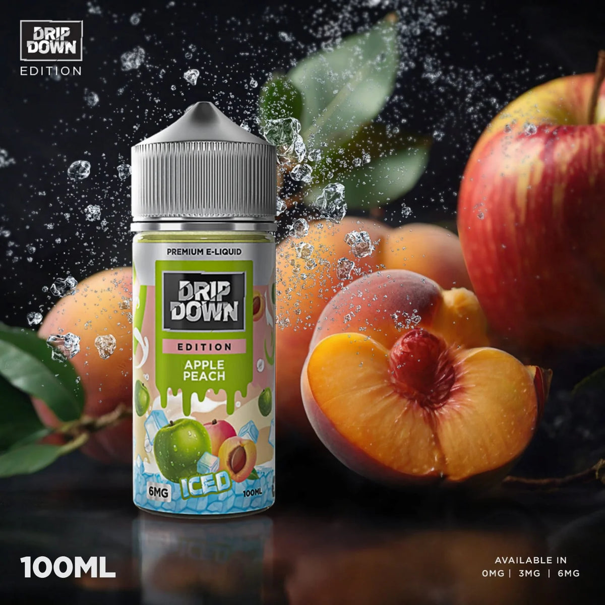 Drip Down Edition Apple Peach Ice 100ml freebase bottle, main product photo