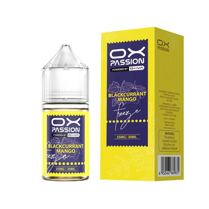 Ox Passion Blackcurrant Mango 30ml Nic Salt bottle, shown on a white background