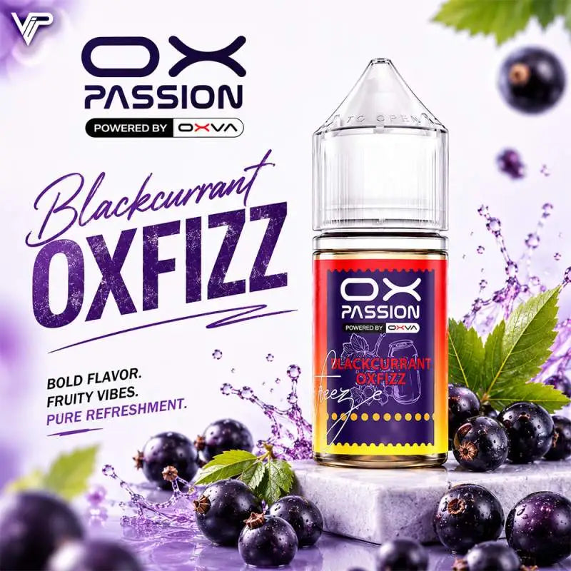 Ox Passion Blackcurrant OxFixx 30ml Nic Salt bottle, front view with flavour label
