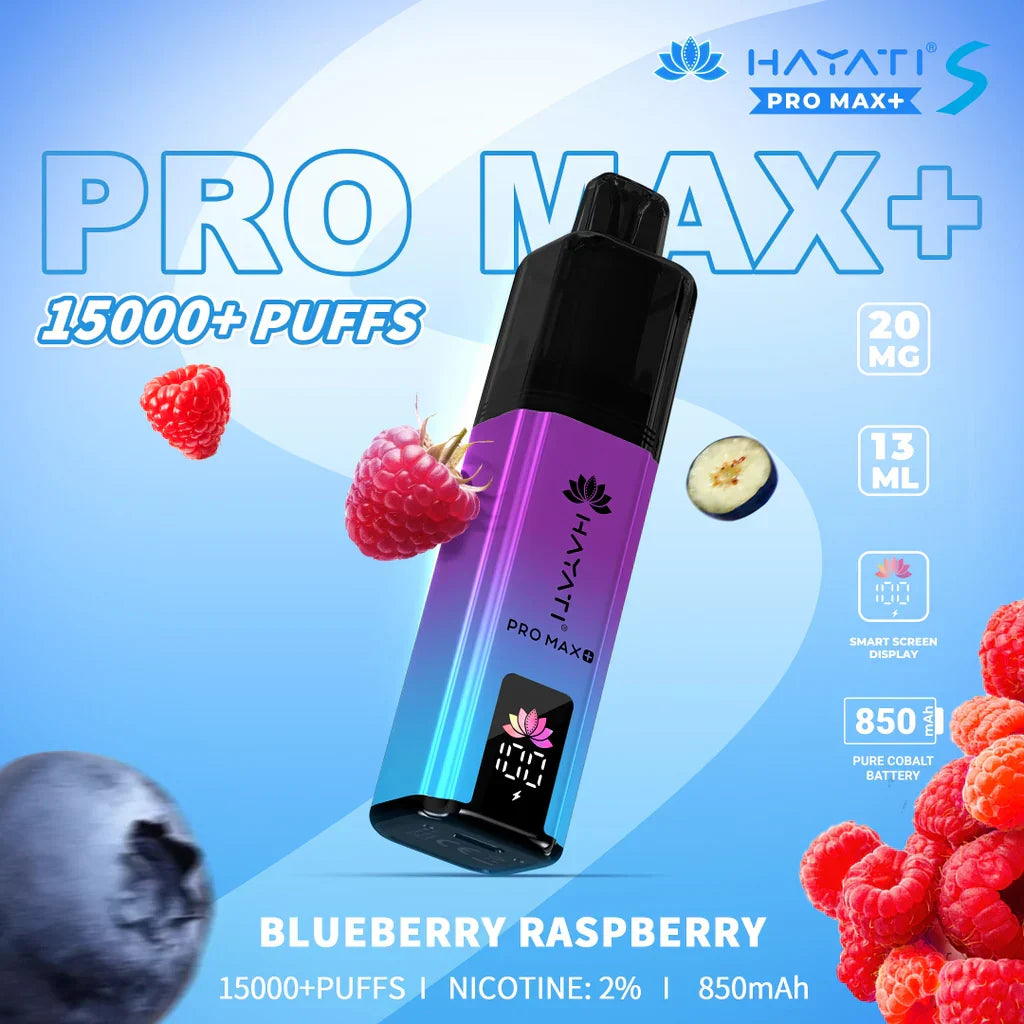 Hayati Pro Max S+ Blueberry Raspberry – premium long-lasting disposable vape with LED battery display