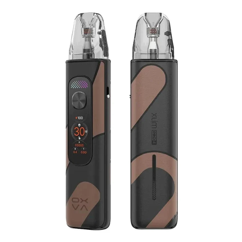 OXVA XLIM Pro 4 pod kit in Cocoa Black Leather, zinc alloy body with a leather finish