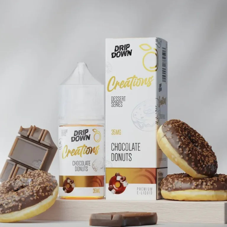 Drip Down Creations Chocolate Doughnuts nic salt 30ml bottle, 35mg, front label