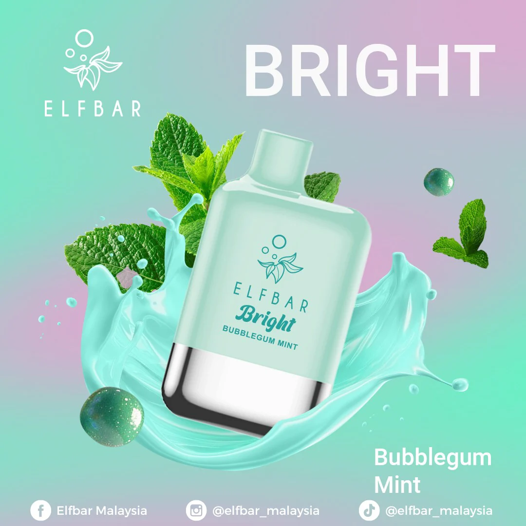 ELFBAR Bright 6000 puffs disposable vape, Bubblegum Mint device and packaging
