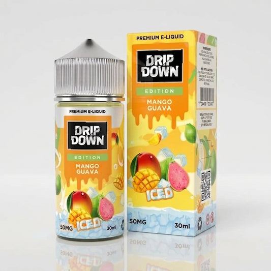 Drip Down Mango Guava Ice 30ml nicotine salt packaging and bottle close-up