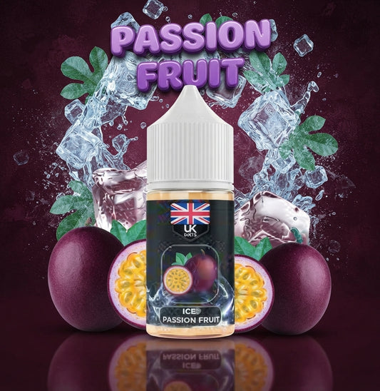 UK Salts Passion Fruit Iced 30ml nic salt bottle, front label