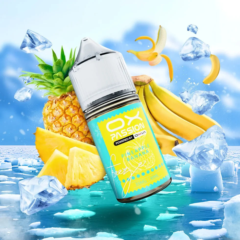Ox Passion Pineapple Banana 30ml Nic Salt bottle, flavour label in view