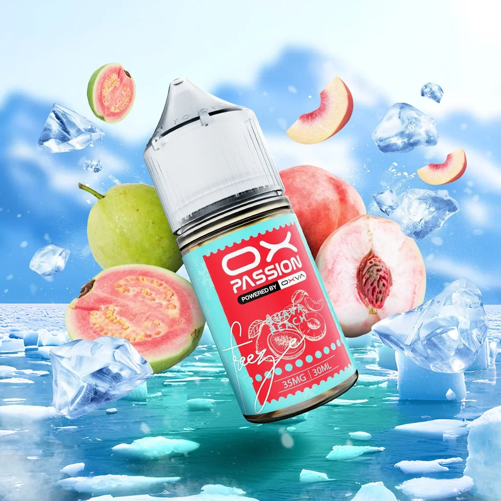 Ox Passion Freeze Guava Peach 30ml Nic Salt bottle, front view with flavour label