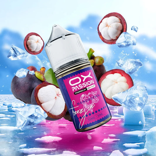 Ox Passion Mangosteen 30ml Nic Salt bottle photographed from the front