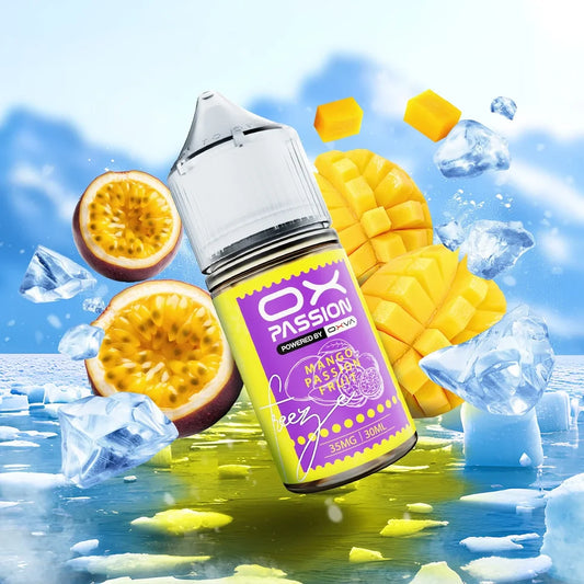 Ox Passion Mango Passionfruit 30ml Nic Salt bottle, front view with flavour label