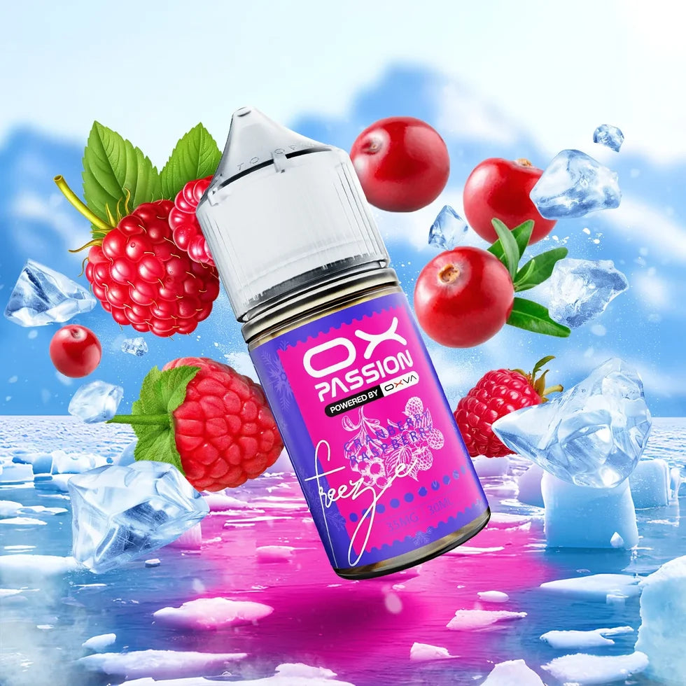 Ox Passion Cranberry Raspberry 30ml Nic Salt bottle, front view with flavour label
