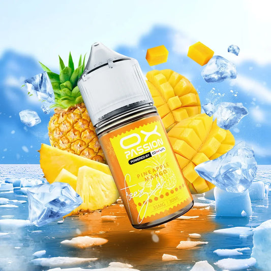 Ox Passion Freeze Pineapple Mango 30ml Nic Salt bottle, front view with flavour label