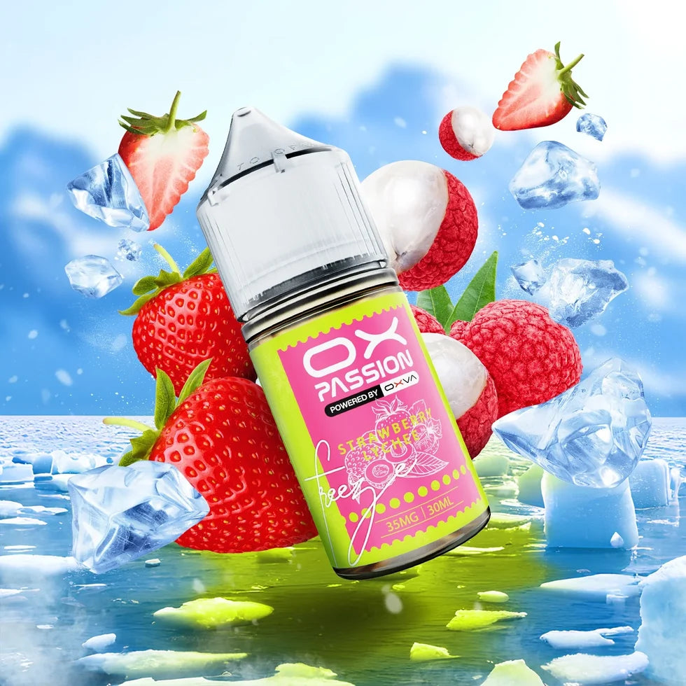 Ox Passion Freeze Strawberry Lychee 30ml Nic Salt bottle, front view with flavour label
