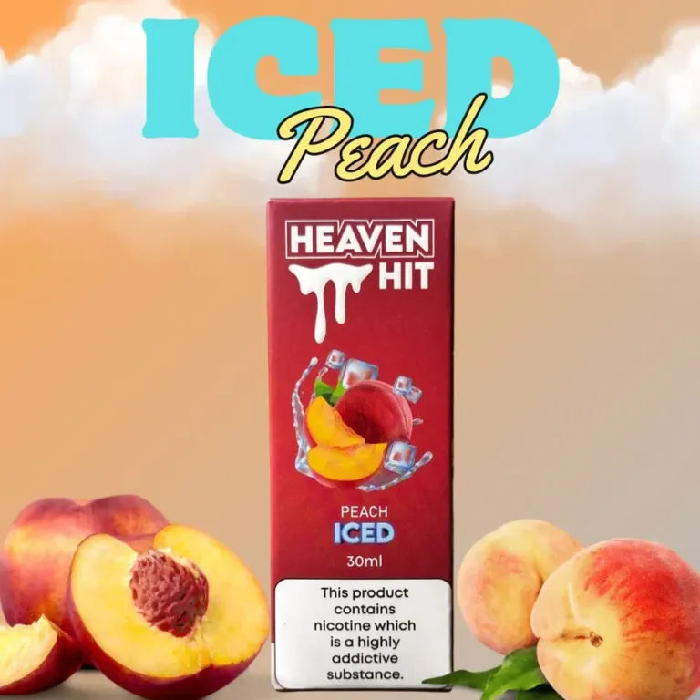 Heaven Hit Iced Peach 30ml nic salt e-liquid bottle, peach with a menthol finish