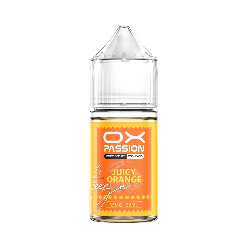Ox Passion Juicy Orange 30ml Nic Salt bottle, front view with flavour label