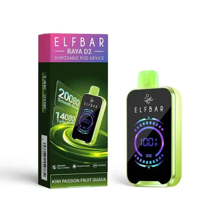 ELFBAR Raya D2 20K disposable vape in Kiwi Guava Banana, device front view