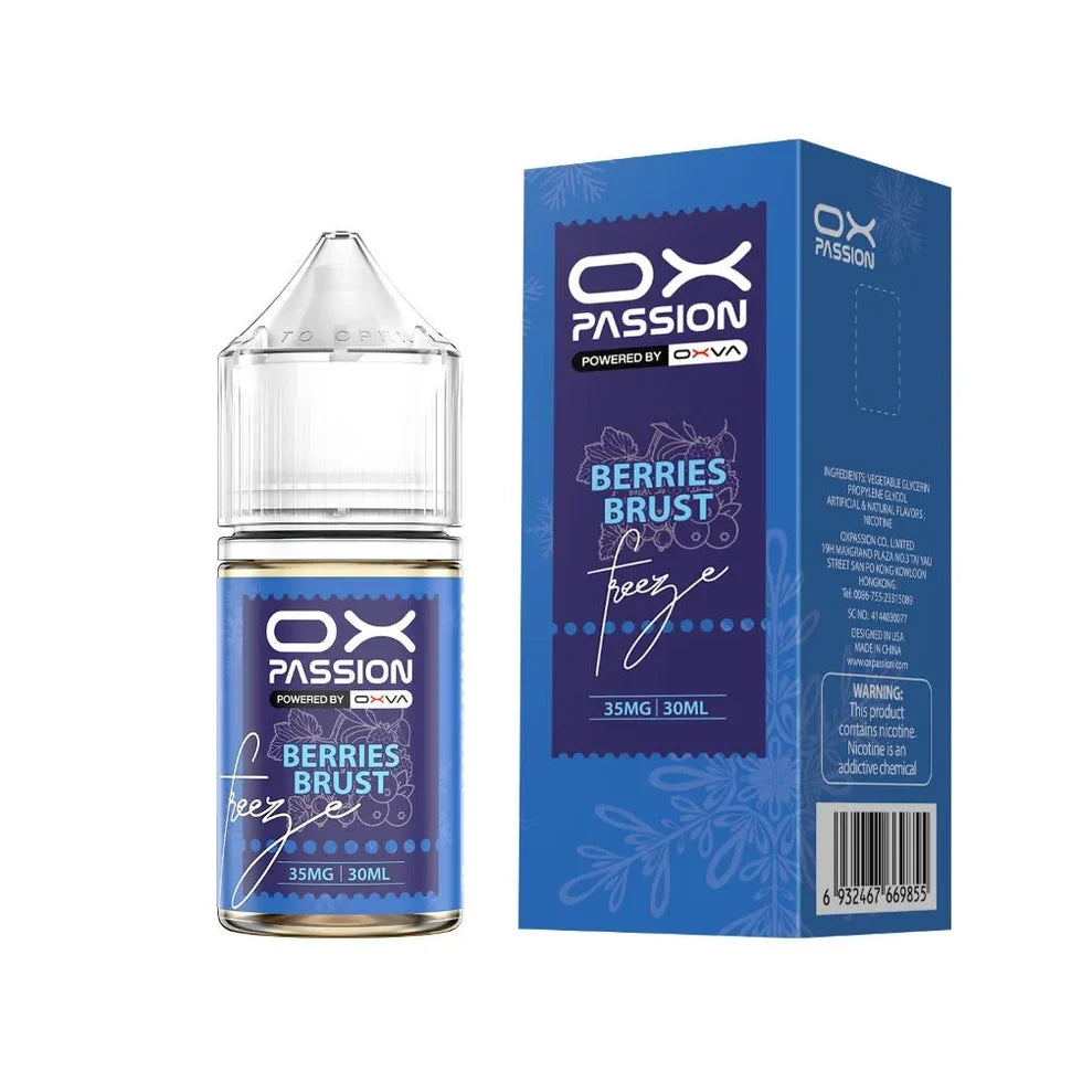 Ox Passion Berries Burst 30ml Nic Salt bottle, front view with flavour label