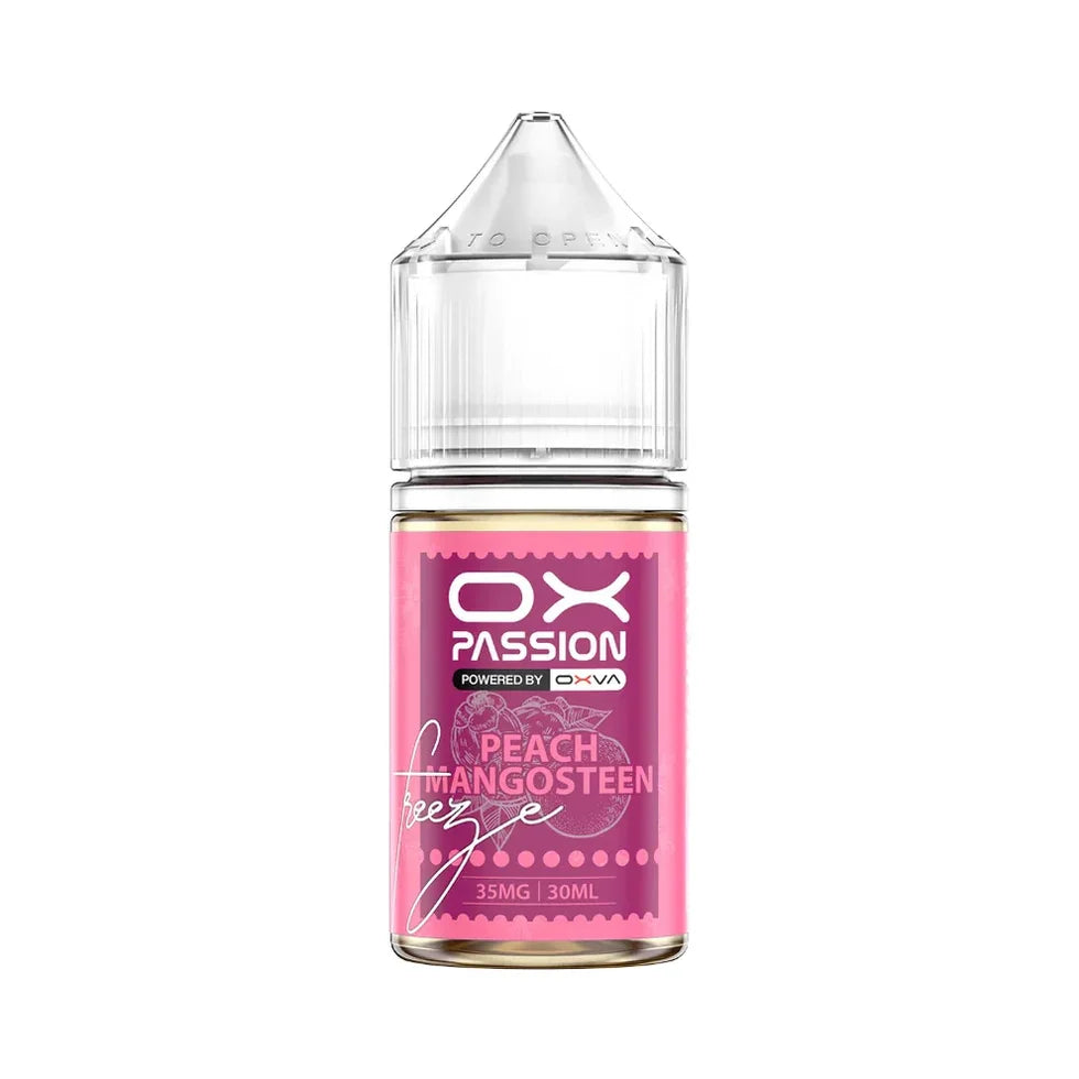 Ox Passion Peach Mangosteen 30ml Nic Salt bottle, label side view
