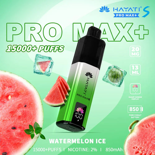 	Hayati Pro Max S+ 15000 Puffs – Watermelon Ice flavour with smart LED display, rechargeable disposable vape