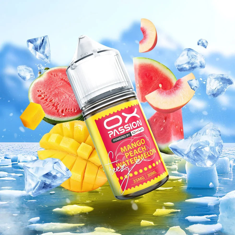 Ox Passion Mango Peach Watermelon 30ml Nic Salt bottle, front label on a plain background
