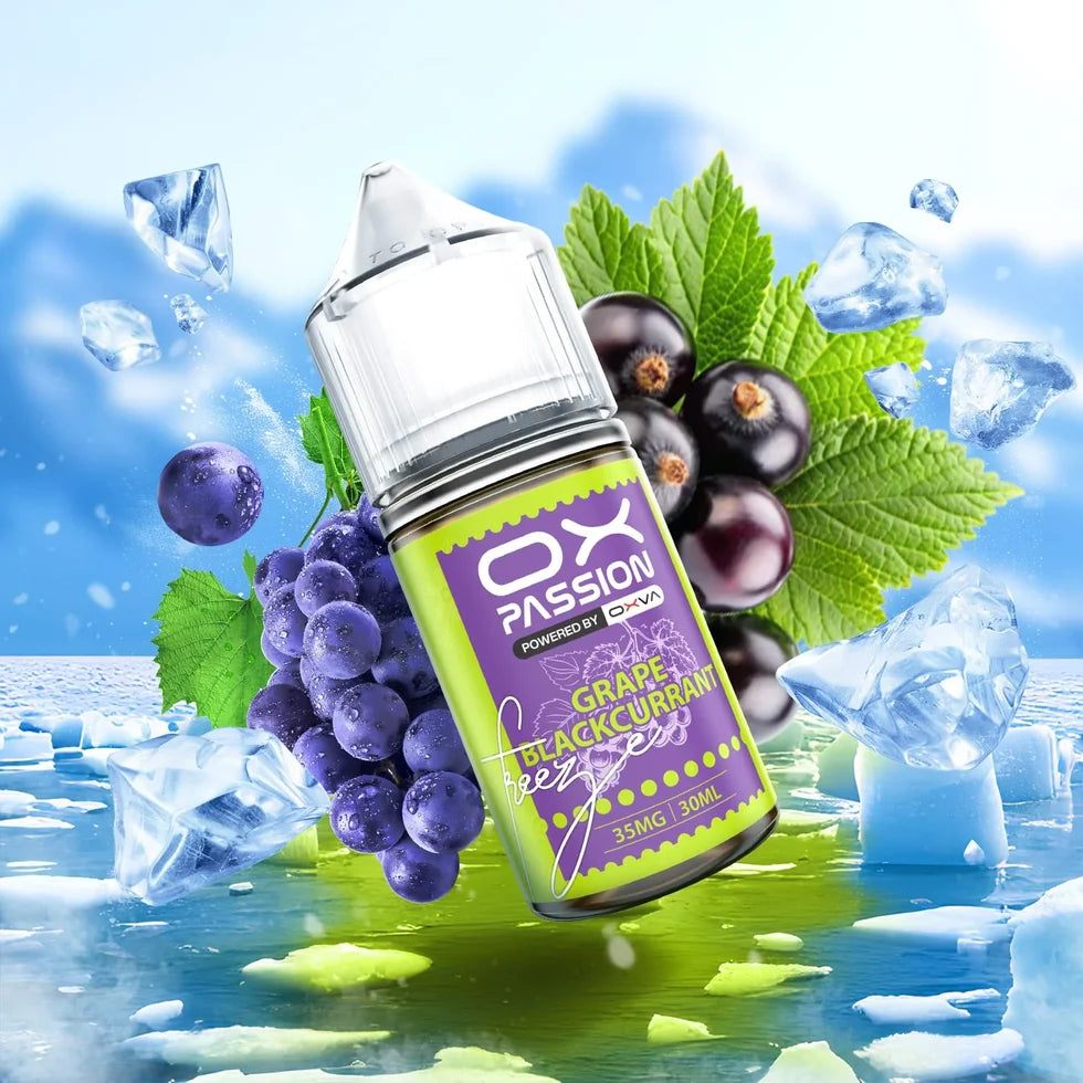 Ox Passion Grape Blackcurrant 30ml Nic Salt bottle, front view with flavour label