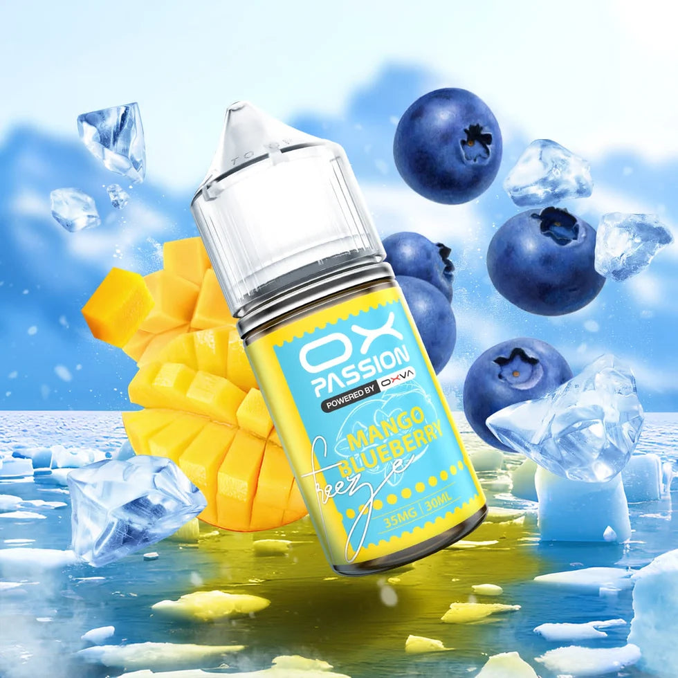 Ox Passion Mango Blueberry 30ml Nic Salt bottle, front view with flavour label